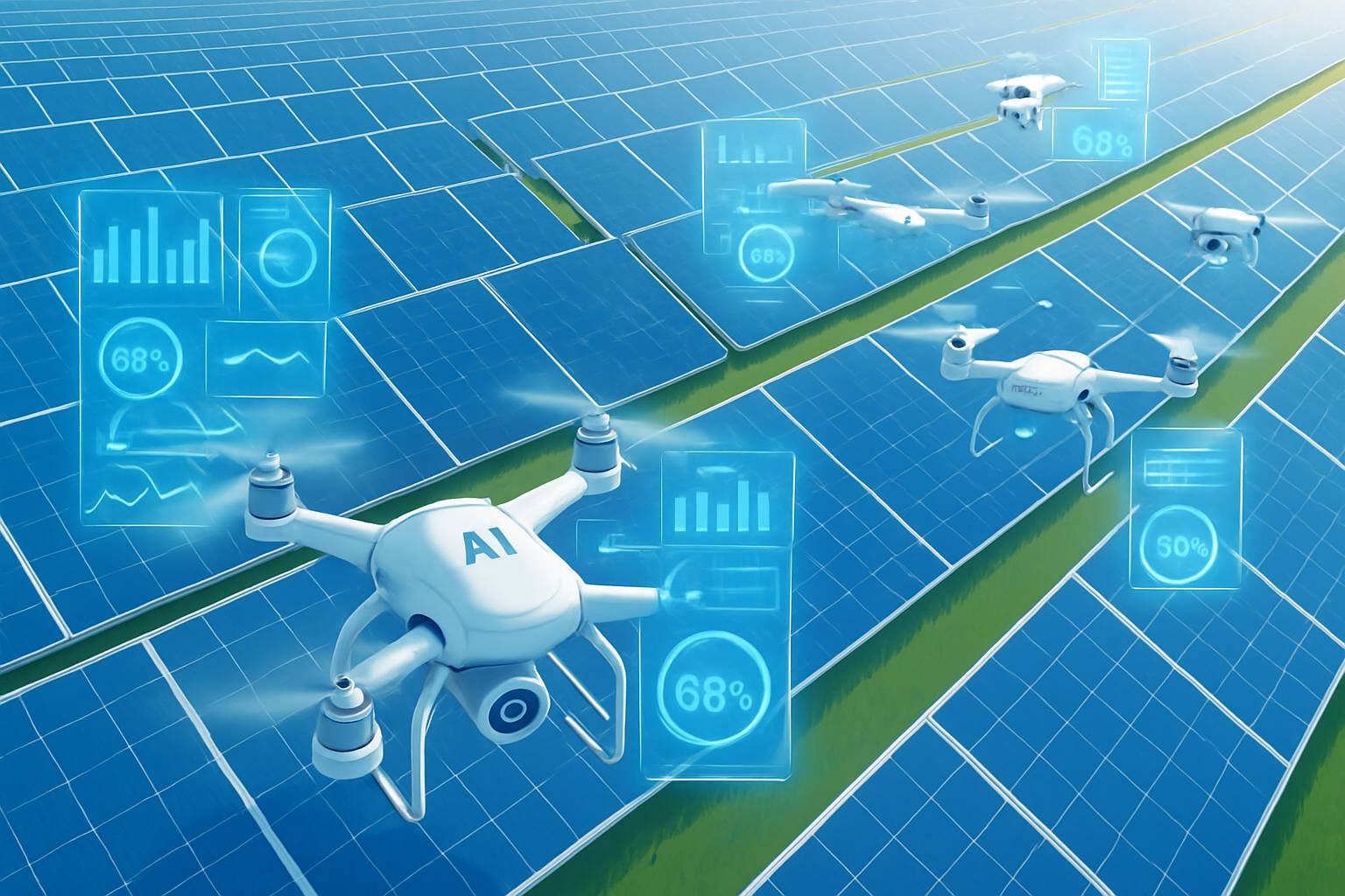 AI drones autonomously perform Infrastructure Inspection of a solar panel farm.