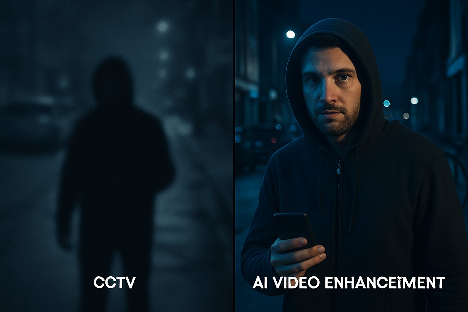Video Enhancement AI improves clarity in a split-view low-light CCTV image.