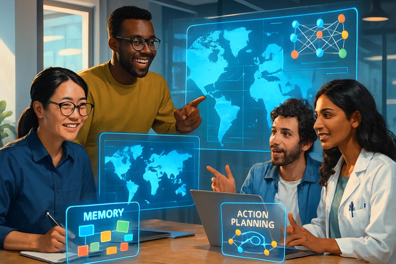 Startup team collaborating on world model innovation with virtual displays.