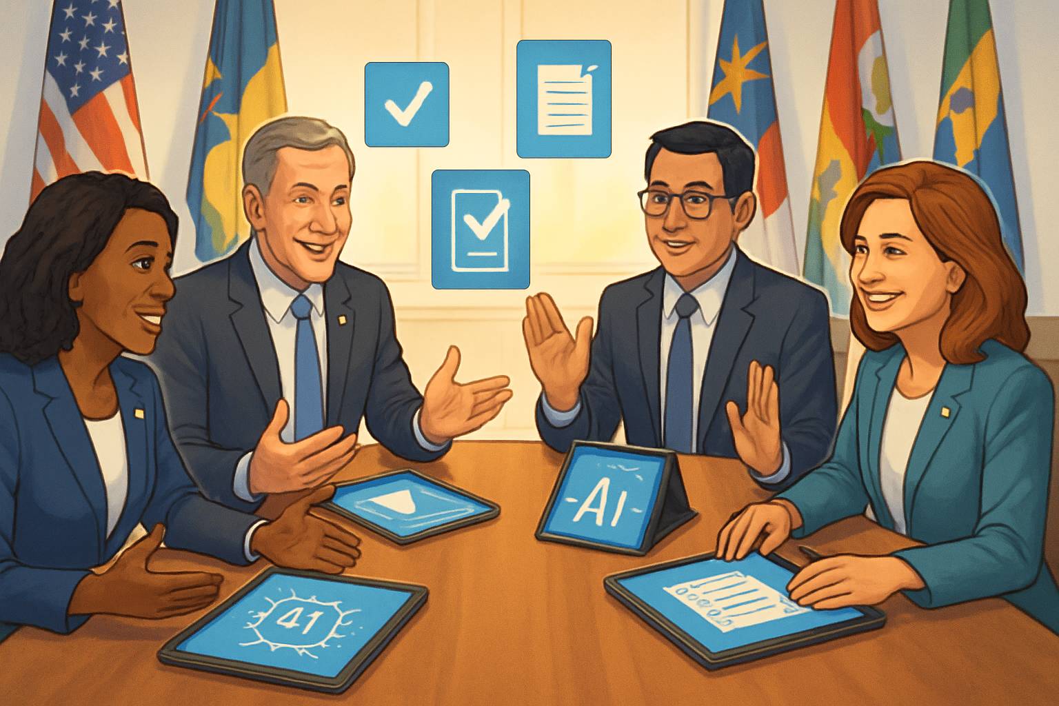 State representatives collaborating at a table to achieve interstate coordination for AI policy.