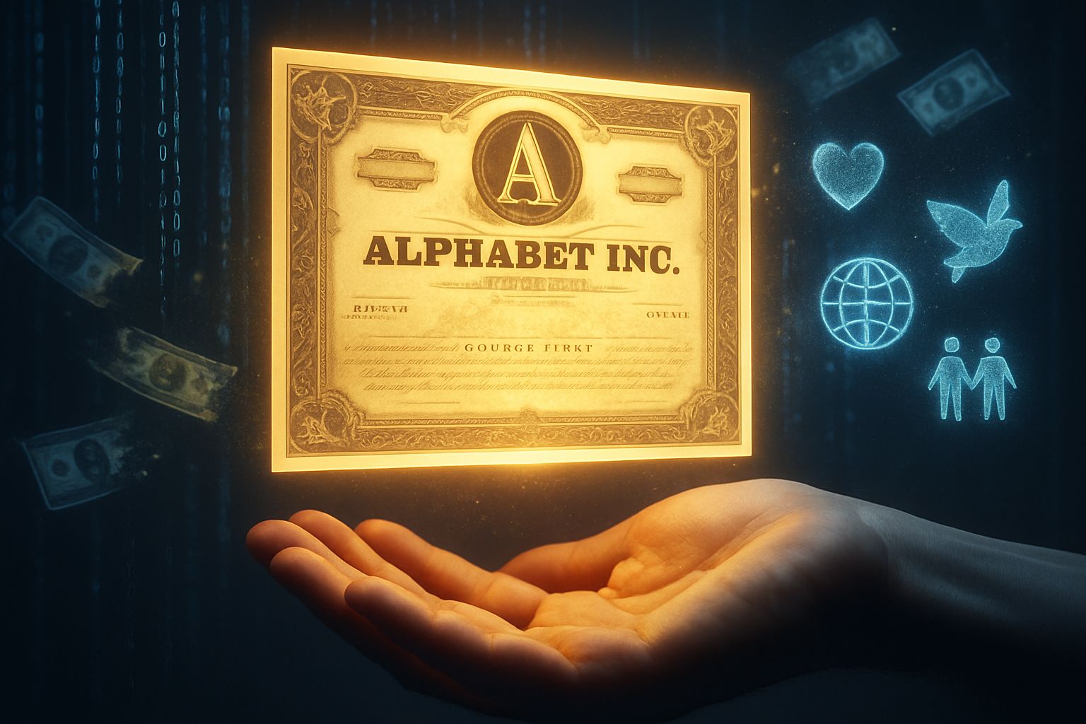Market Philanthropy visualized by Alphabet stock transforming into charitable causes and open hands.
