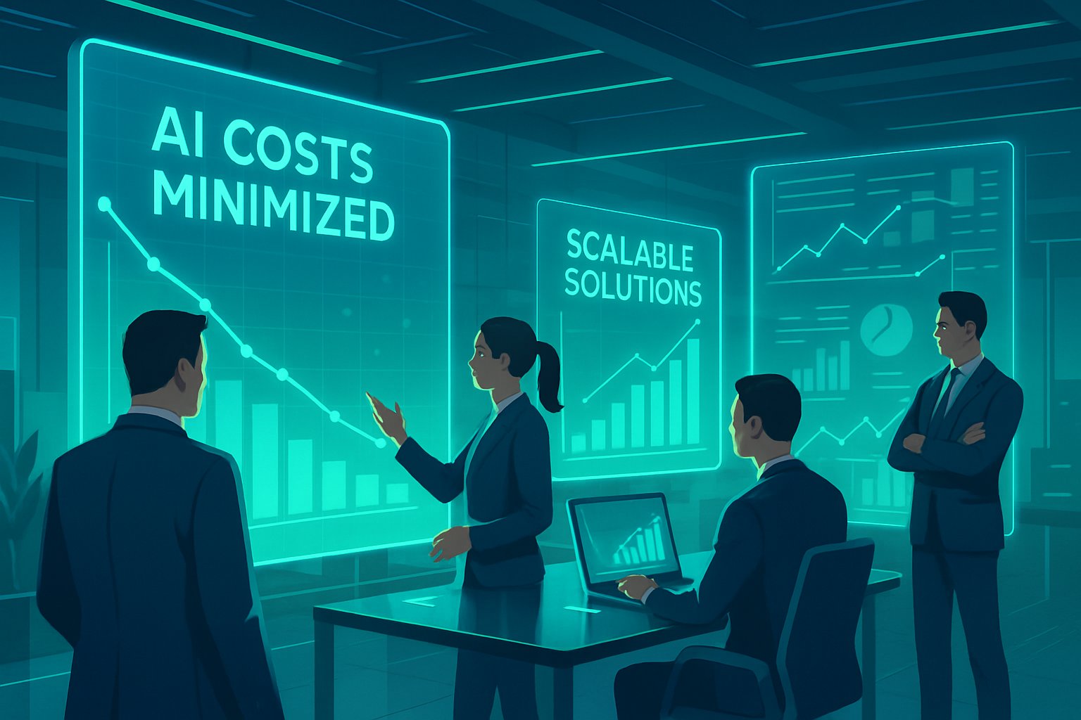 Professionals collaborate on AI cost optimization strategies in a futuristic workspace