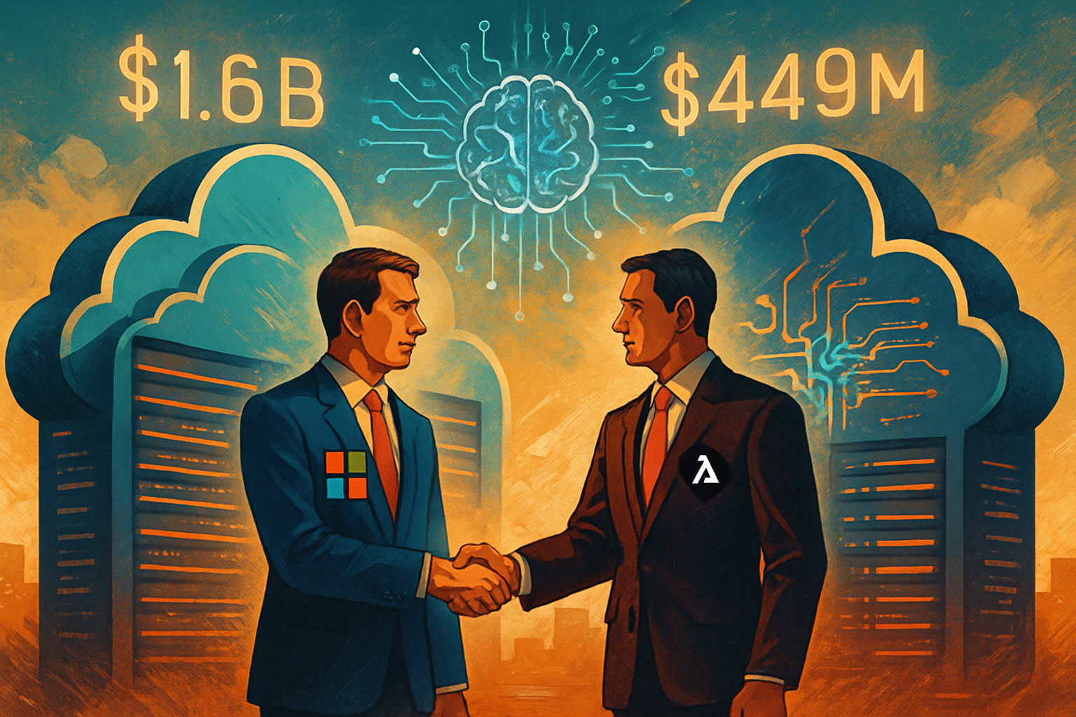 AI infrastructure funding visualized by Microsoft and Lambda partnership handshake over cloud servers.