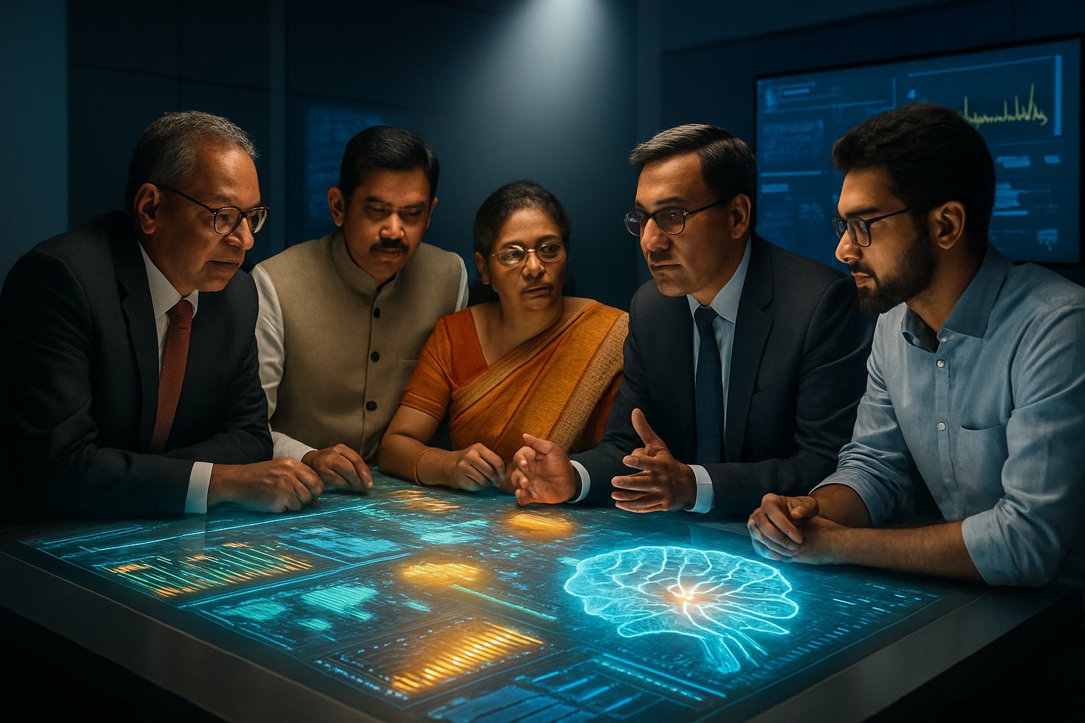 Indian leaders collaborating over impactful AI innovation funding strategies.