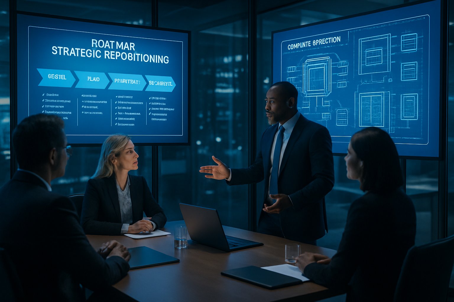 Executives review strategic repositioning roadmap featuring compute subsystems diagrams.