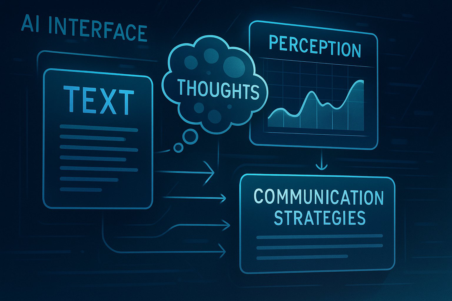 Visual representation of AI communication strategy using thought bubbles and perception metrics.