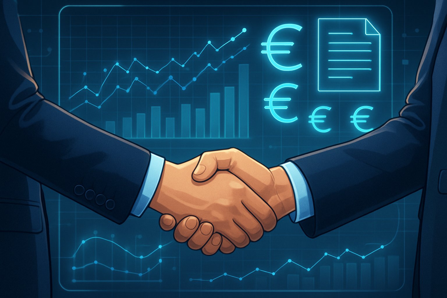 Executives handshake symbolizing successful VC Funding with technology visuals.