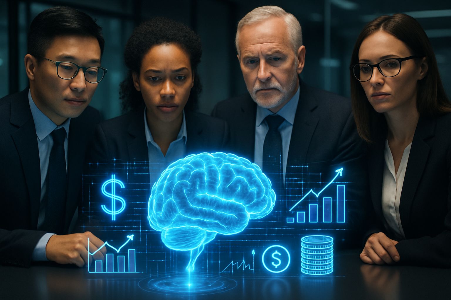 Finance Summit executives analyzing holographic Agentic AI and finance symbols.