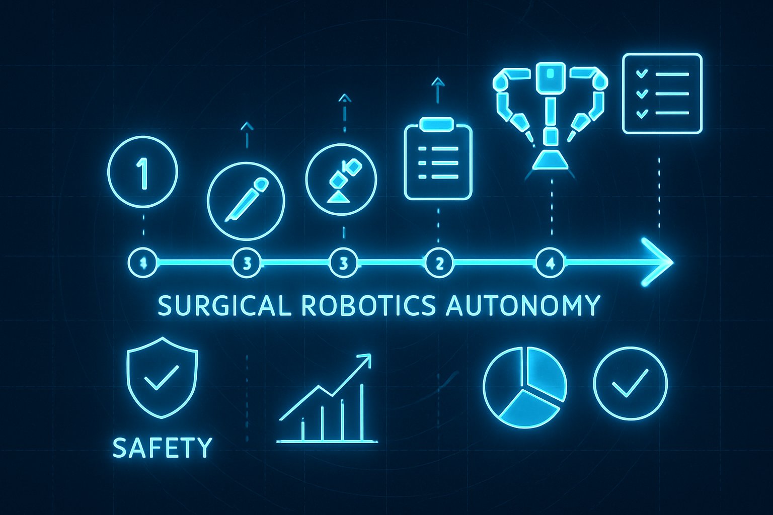 Timeline graphic illustrating Surgical Robotics milestones, autonomy levels, and safety achievements.