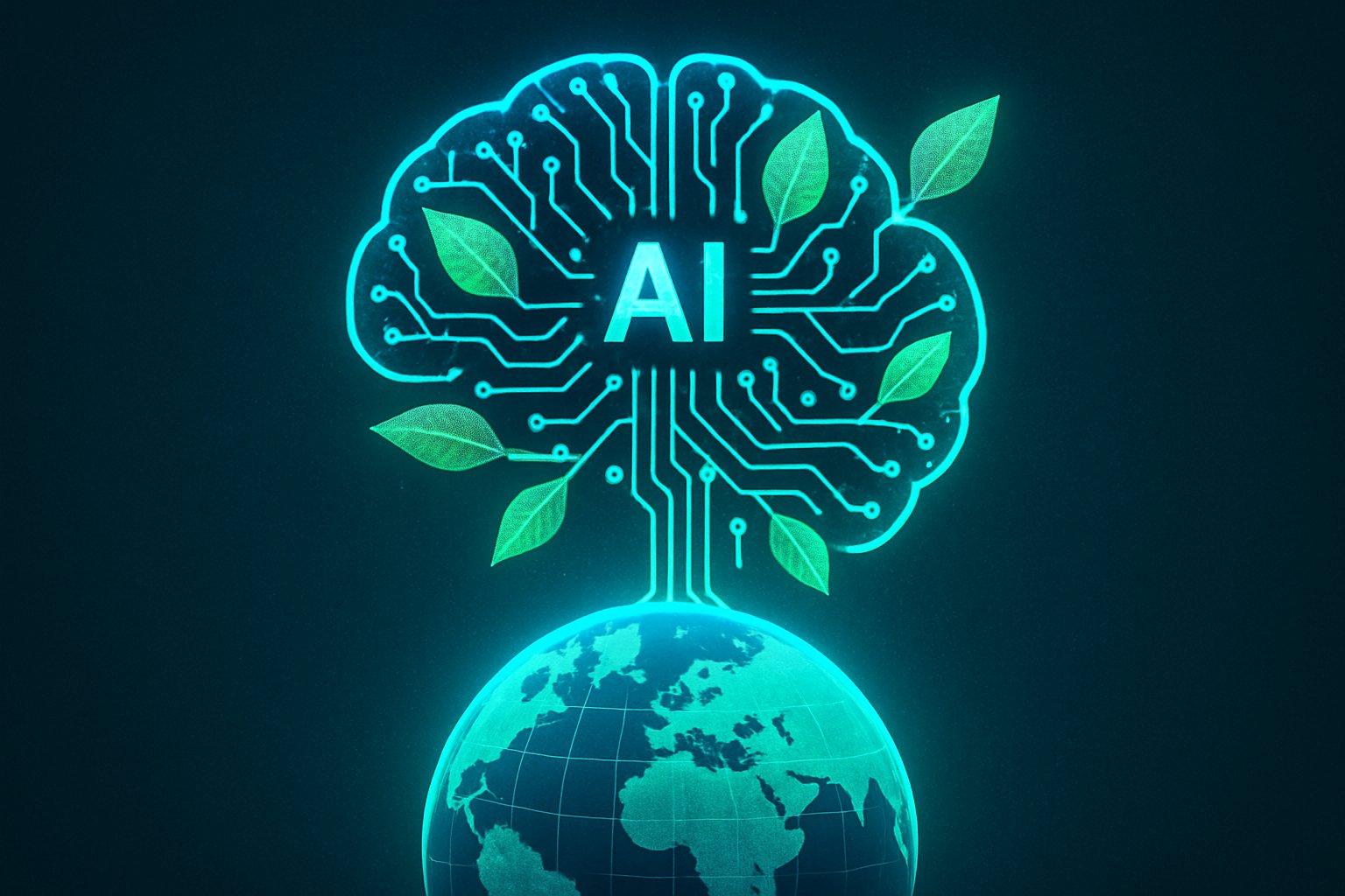 Energy-efficient AI concept with sustainable circuit-brain and globe.