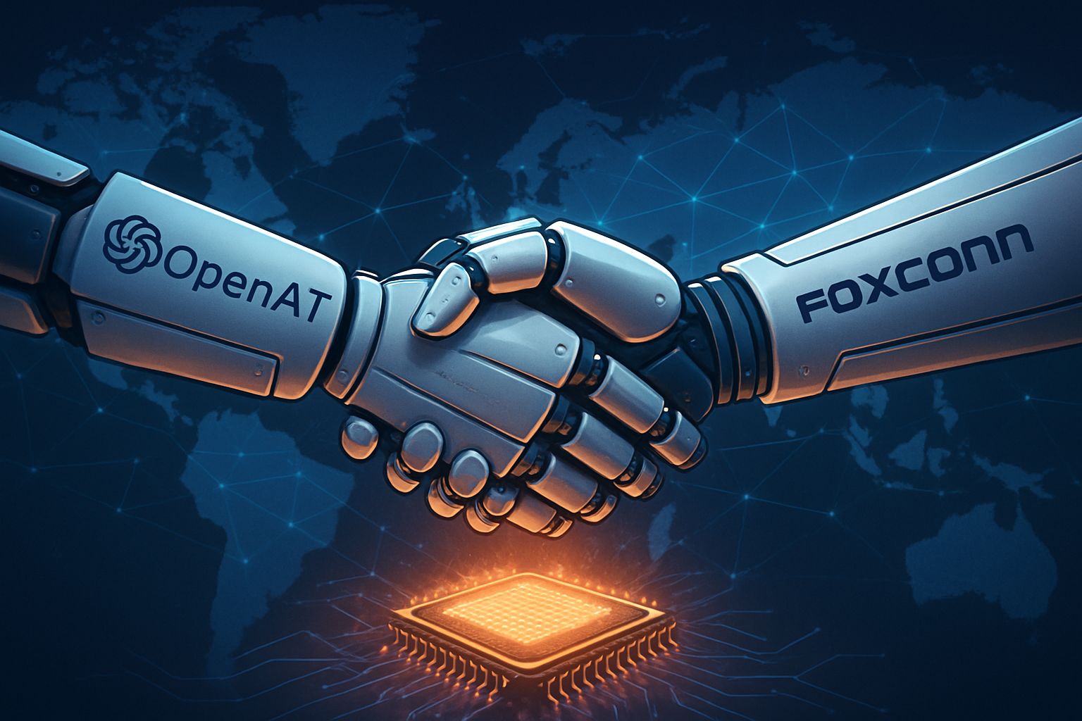 Robotic handshake showcases executive AI diplomacy between OpenAI and Foxconn.