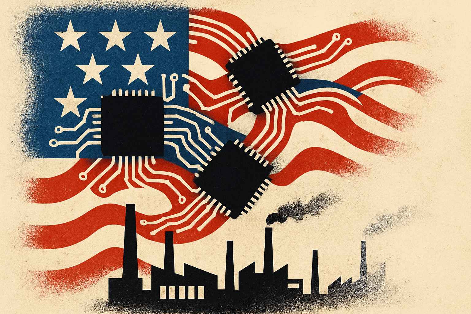 American flag combined with microchips symbolizes US manufacturing credibility challenges
