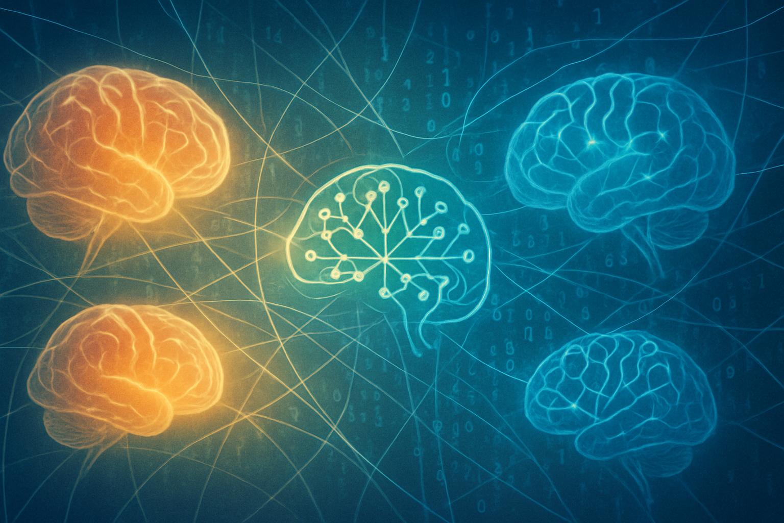 Human-AI Collaboration represented by human brains and AI neural network connections.