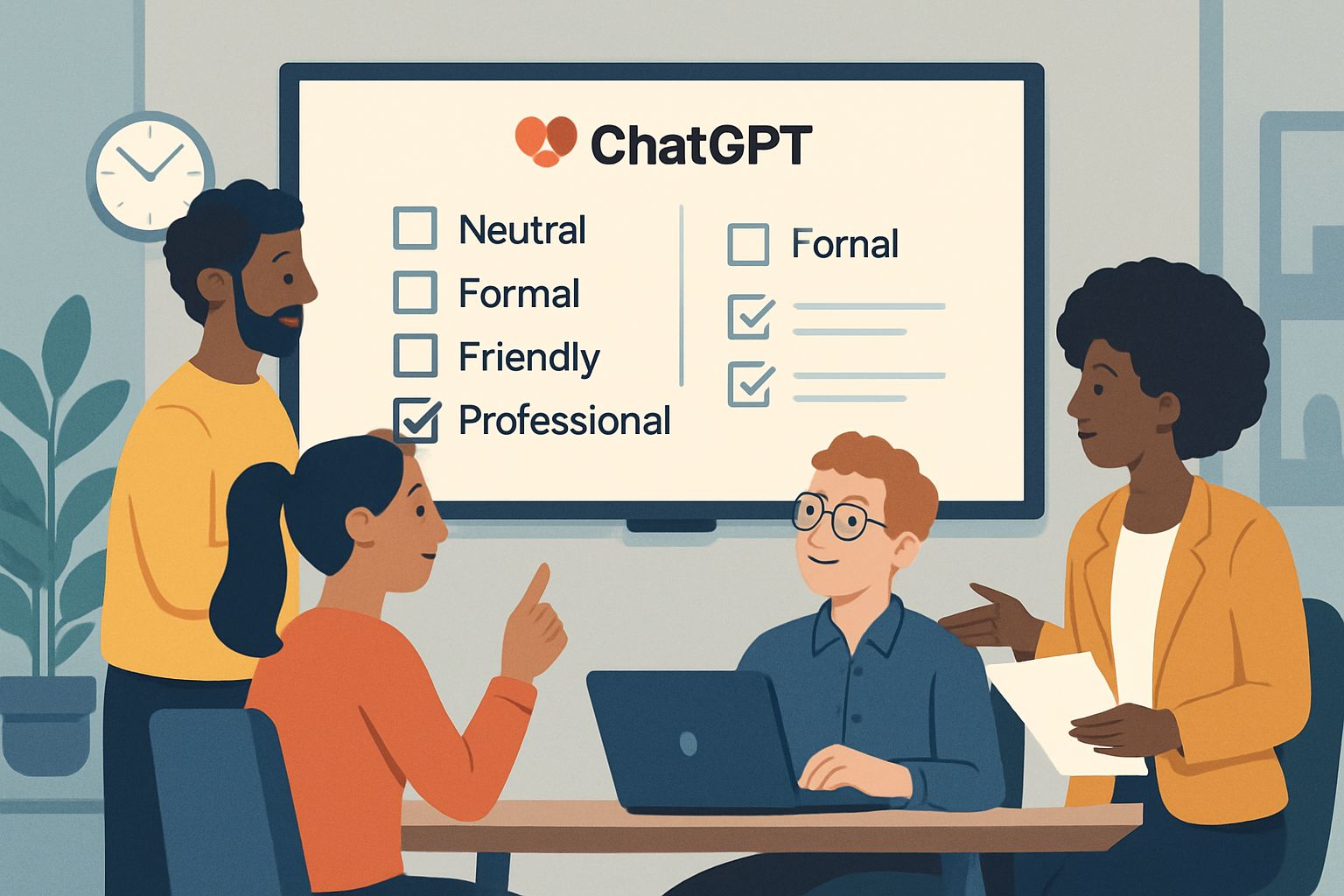 Brand team utilizes ChatGPT writing style control in a collaborative office setting.