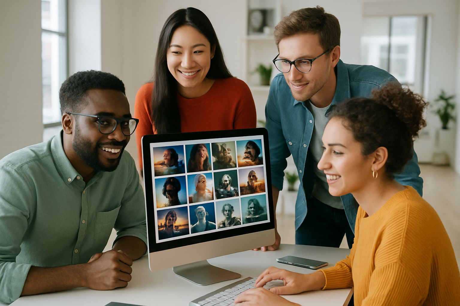 Creative professionals using AI image organization tools on computer