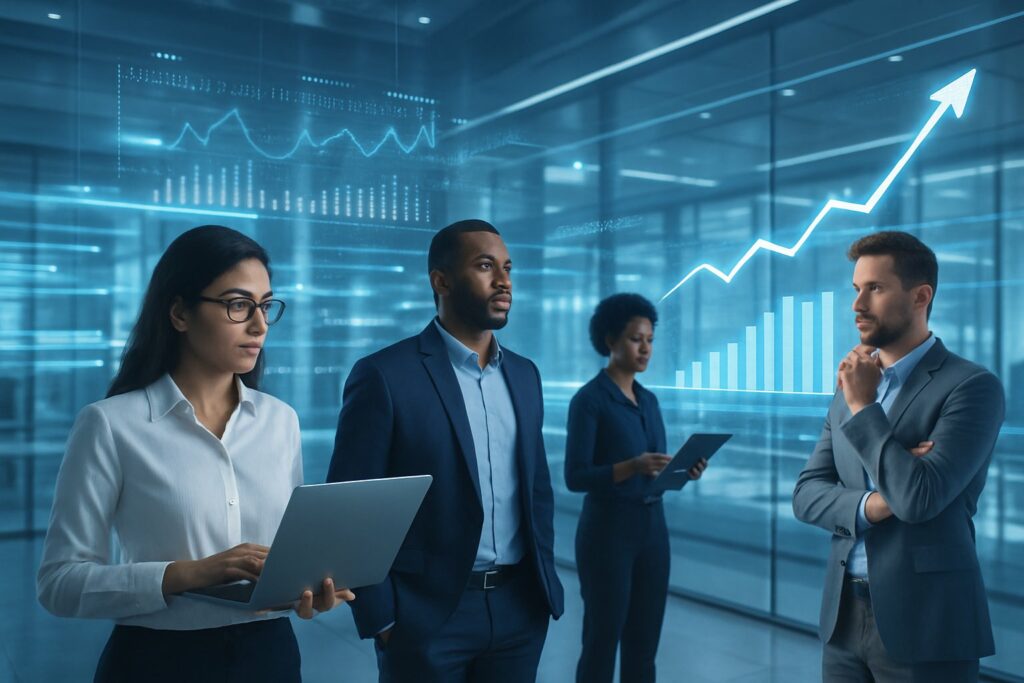 Team of professionals in modern office visualizing growth representing AI company momentum.