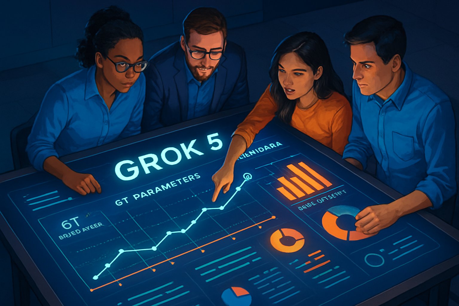 Team collaborating on next-gen AI scaling strategies for Grok 5 launch.