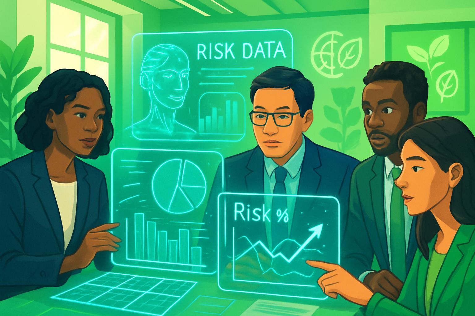 Financial team using AI risk monitoring tools for sustainable finance decisions.