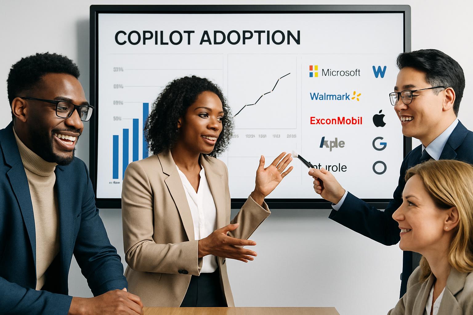 Business professionals discuss the Copilot enterprise penetration milestone on digital whiteboard.