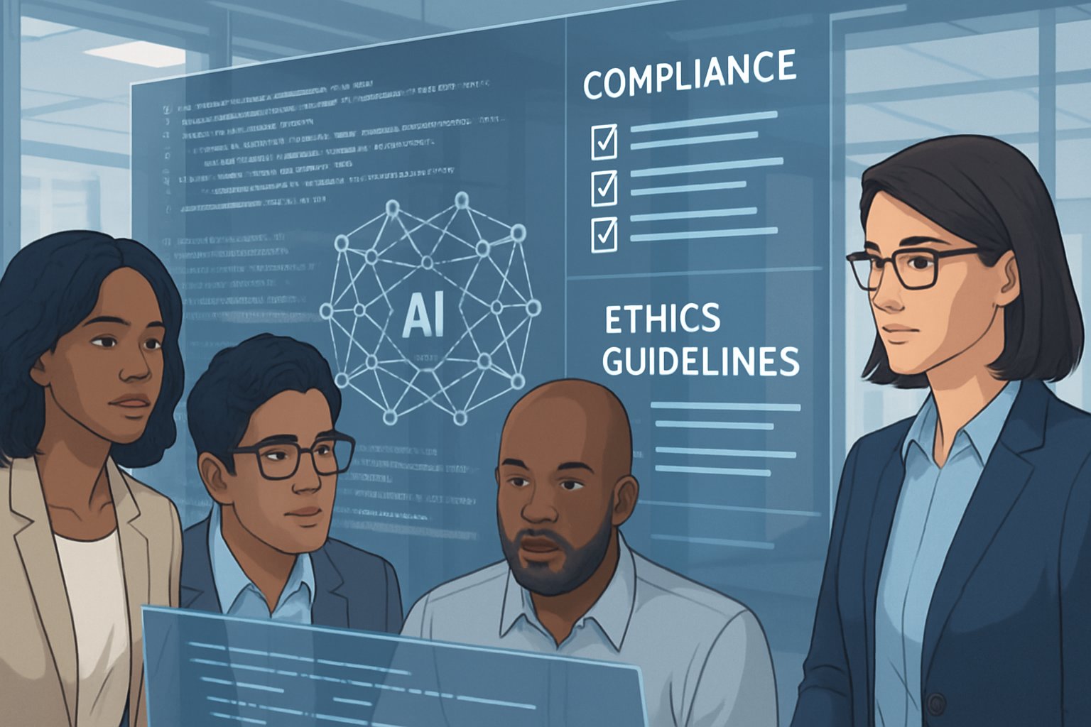 AI Model Accountability team discusses ethics and compliance for language models in office.