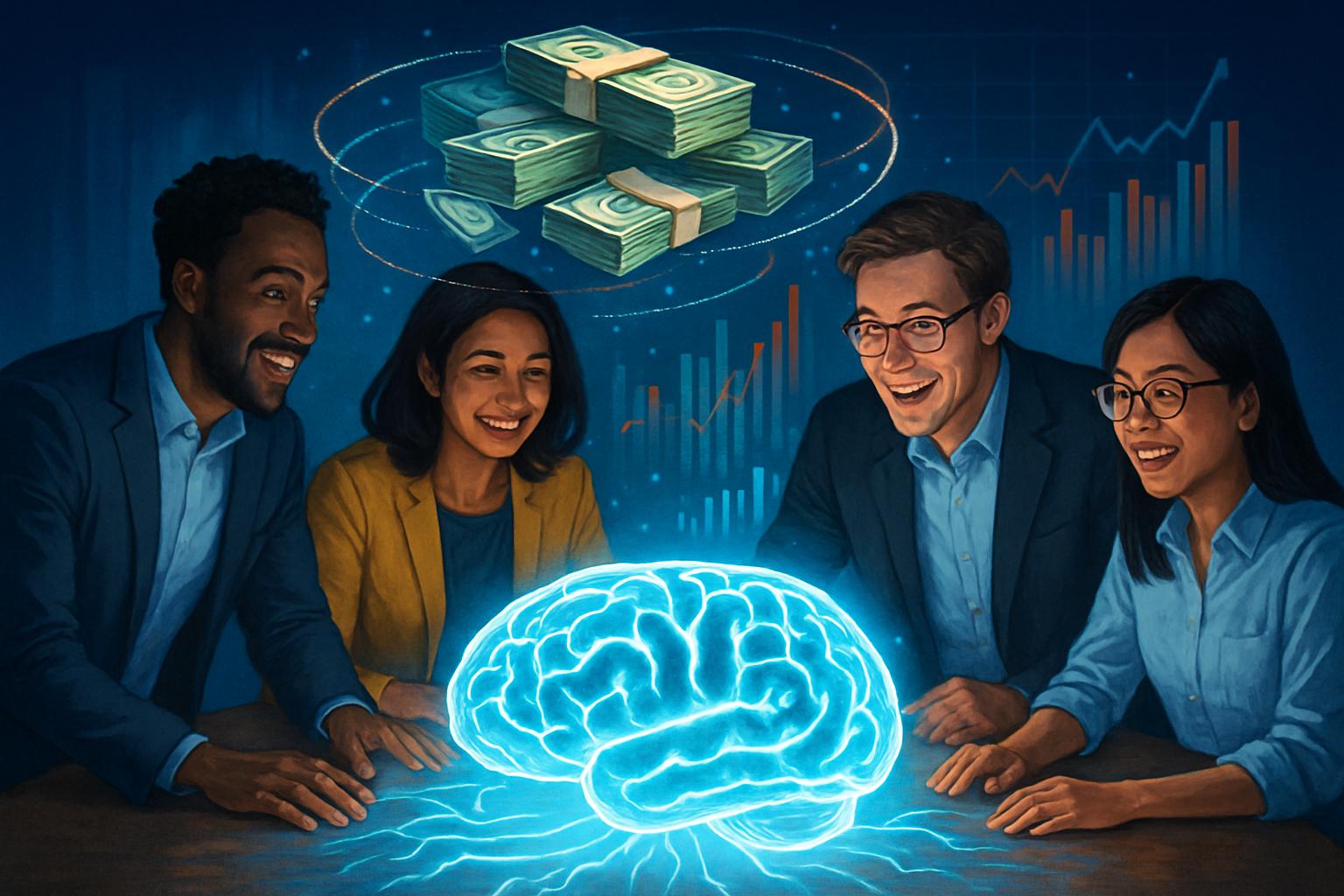 Entrepreneurs collaborate around AI-themed table with symbols of AI startup mega-funding.