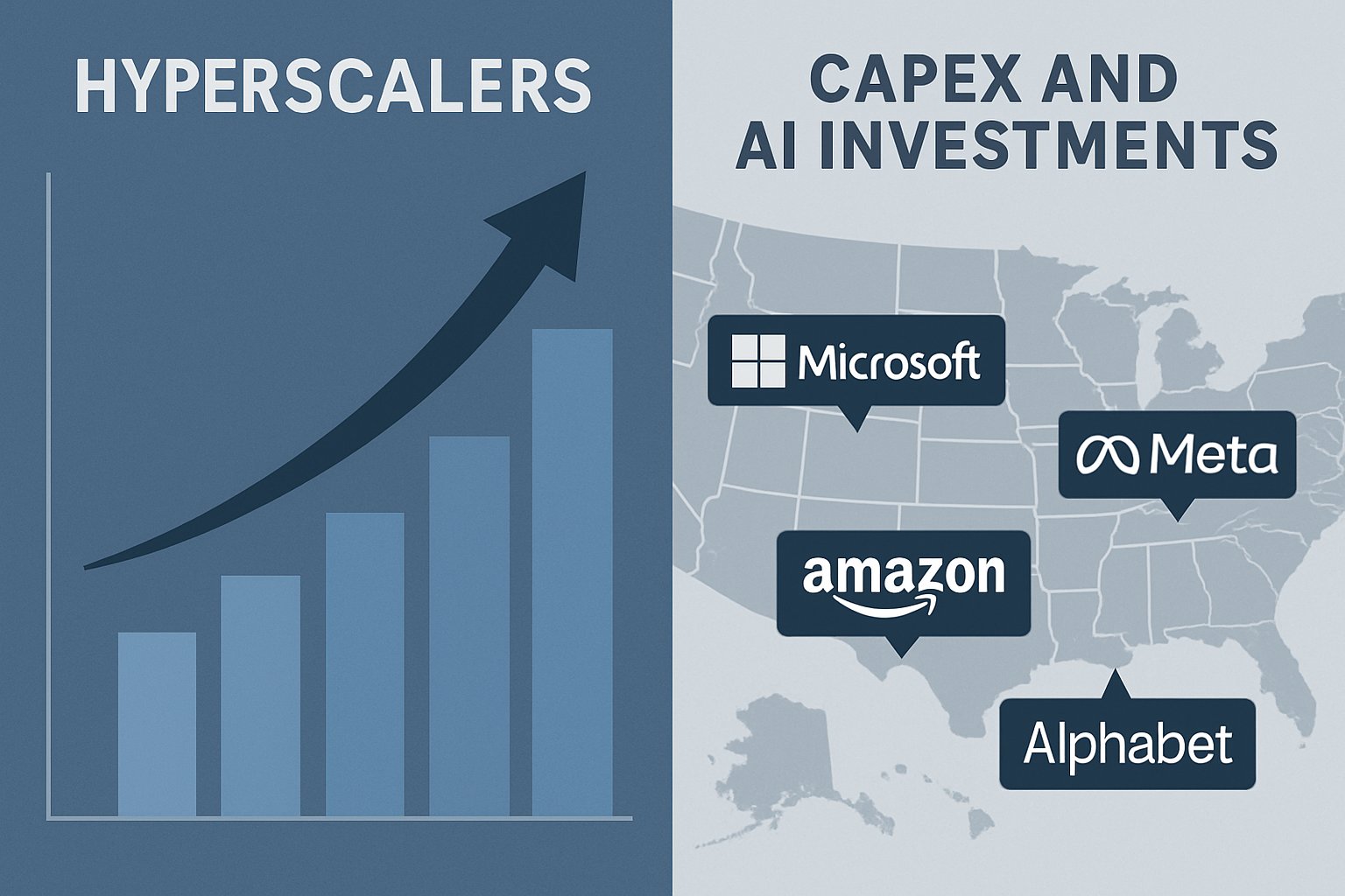 Split-screen infographic illustrating relative positioning of tech companies in capex and AI.