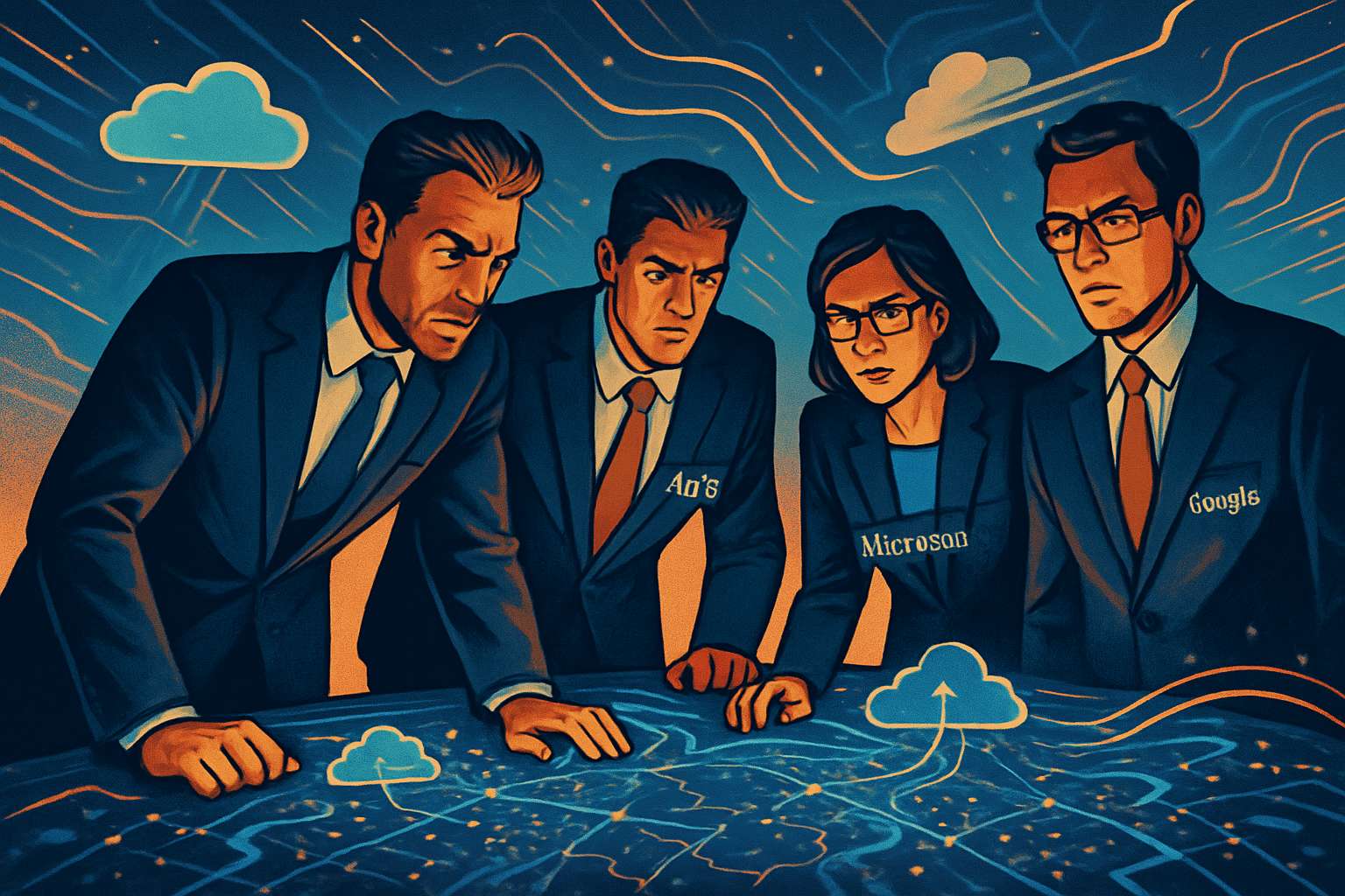 AI Cloud Services Expansion shown through competing tech leaders and cloud network map.