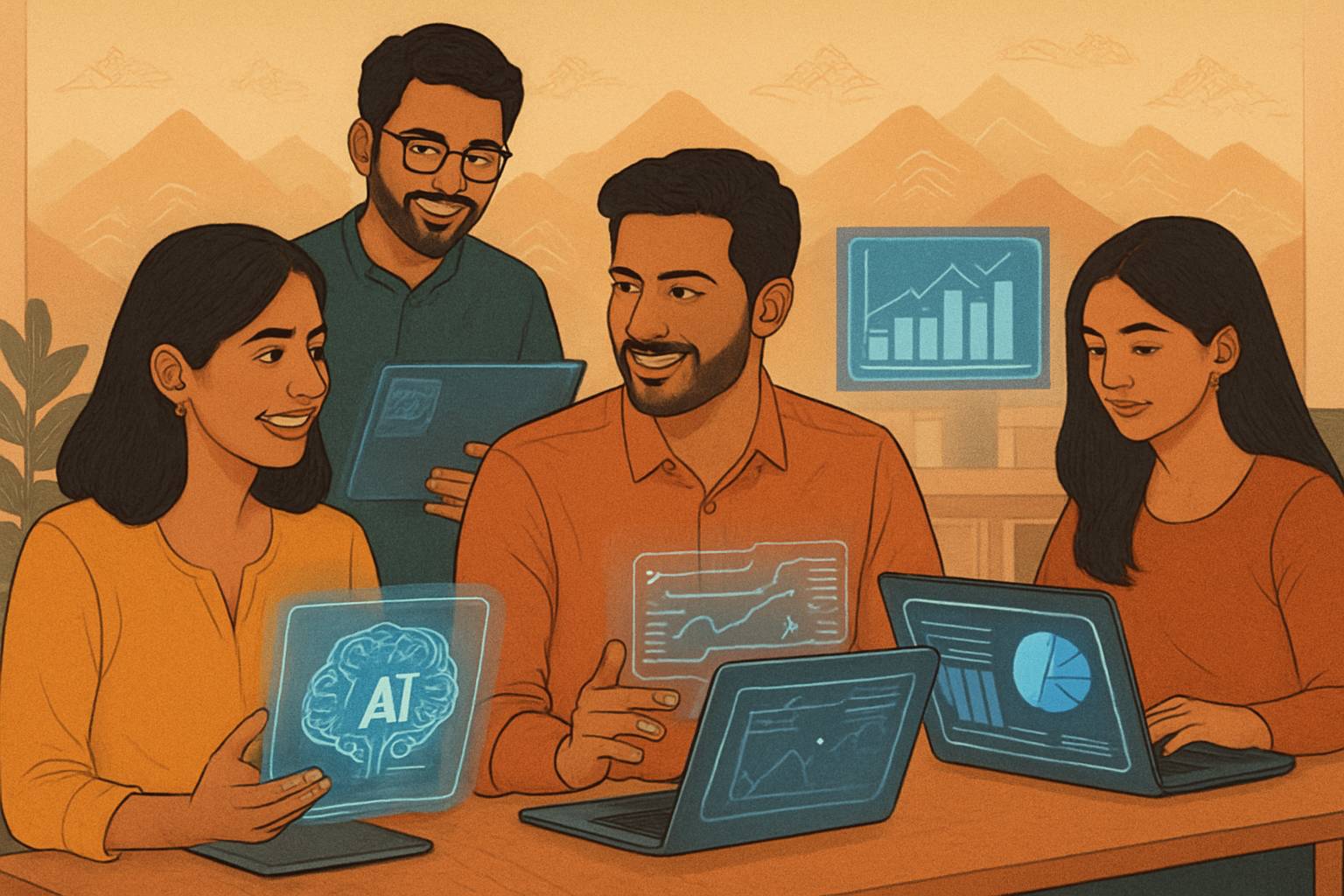 India Policy boosting tech startups and AI collaboration in Uttarakhand workspace.