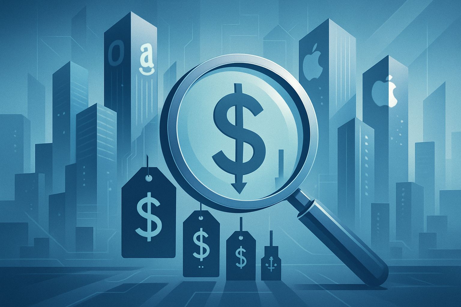 Tech cityscape and magnifying glass illustrating valuation compression in technology sector.