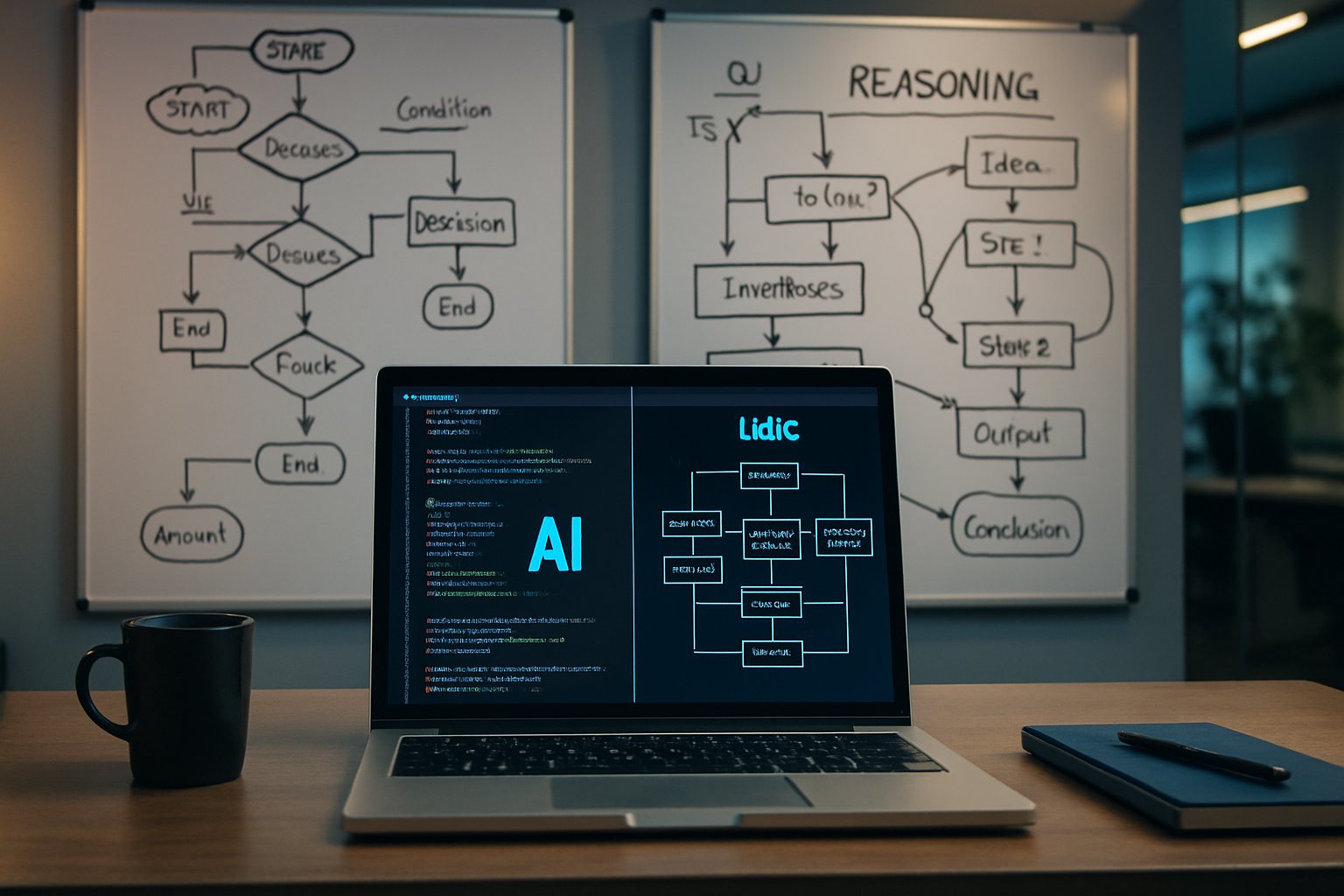 reasoning-based models development shown on laptop and whiteboard in a tech workspace