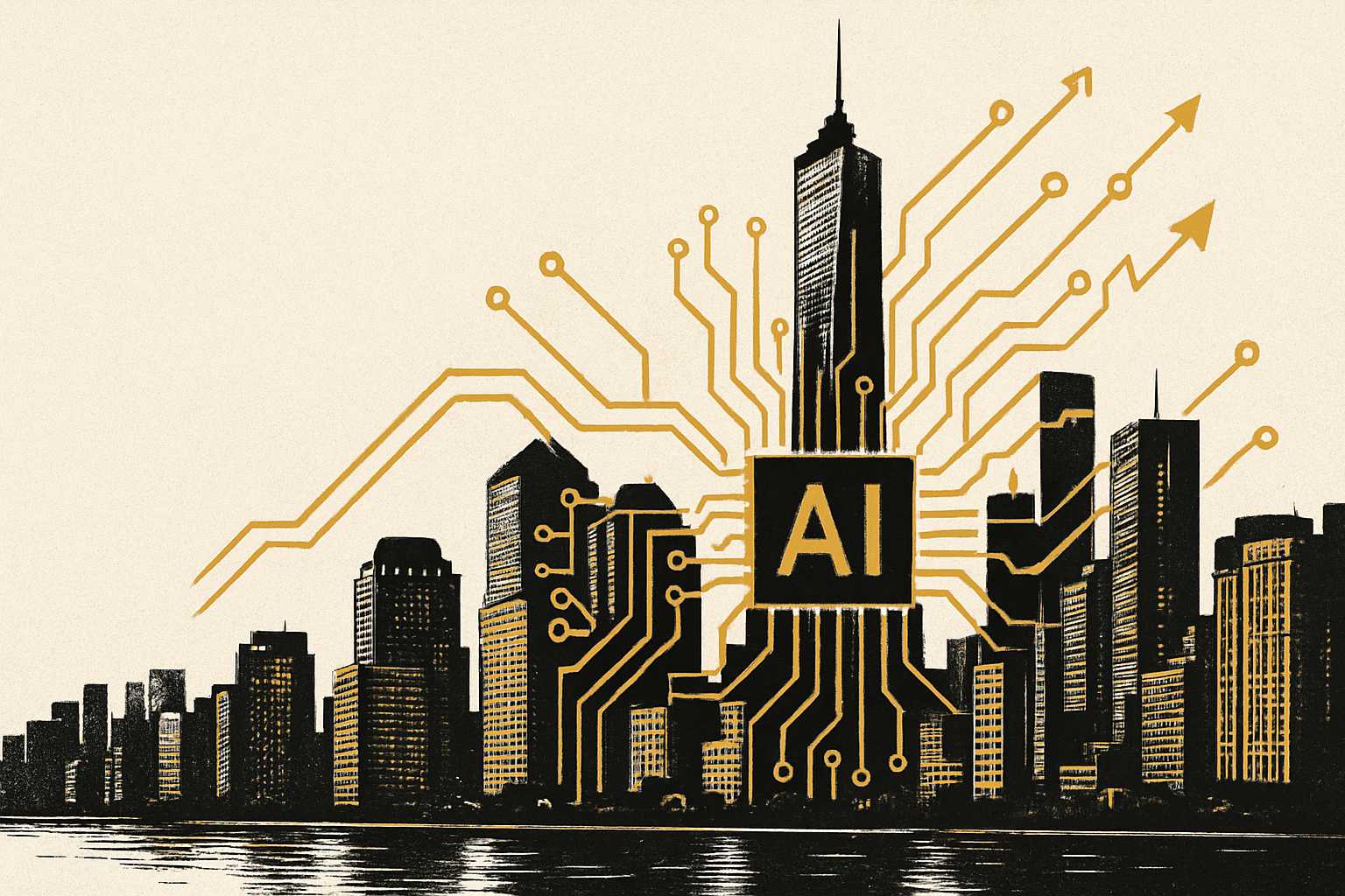 Macroeconomics US economy AI circuit overlay city skyline.
