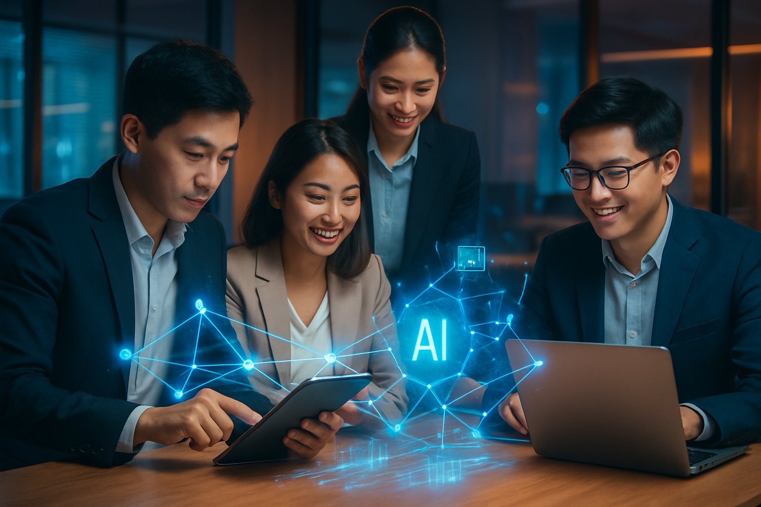 Team of Thai professionals collaborating on AI technology for Thailand Adoption.