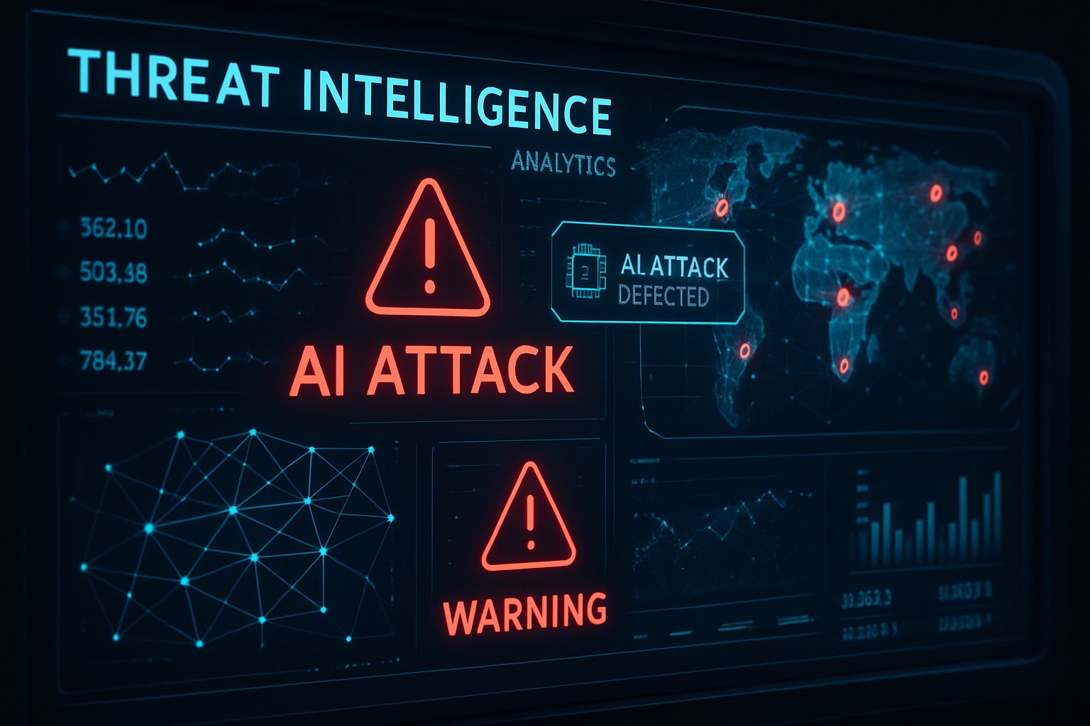 Threat intelligence dashboard tracking adversarial AI attacks on digital networks.