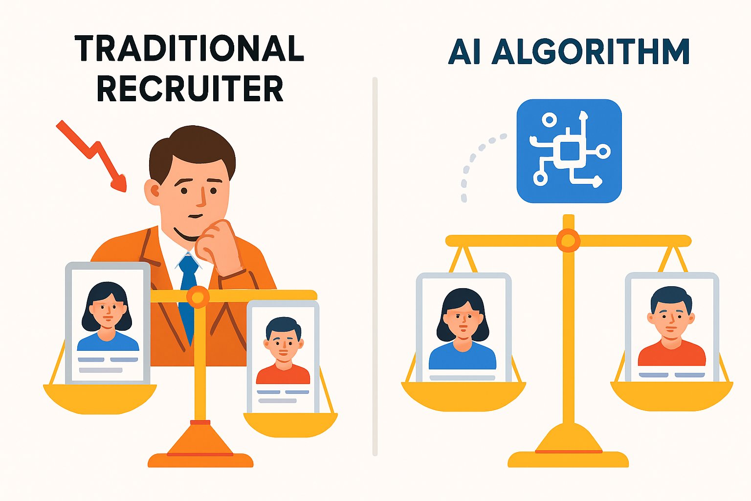Unbiased Hiring comparison between traditional and AI-driven recruitment reducing bias