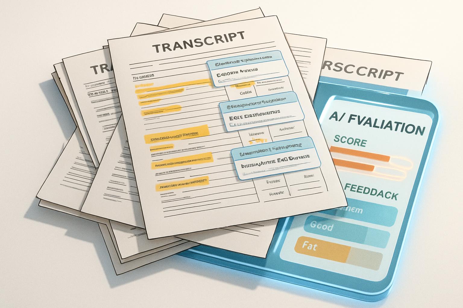 Stack of reviewed transcripts from AI evaluation resource with reward hacking highlights.