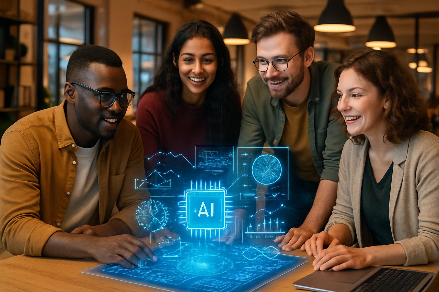 UK professionals collaborating around holographic AI Infrastructure Deployment model.