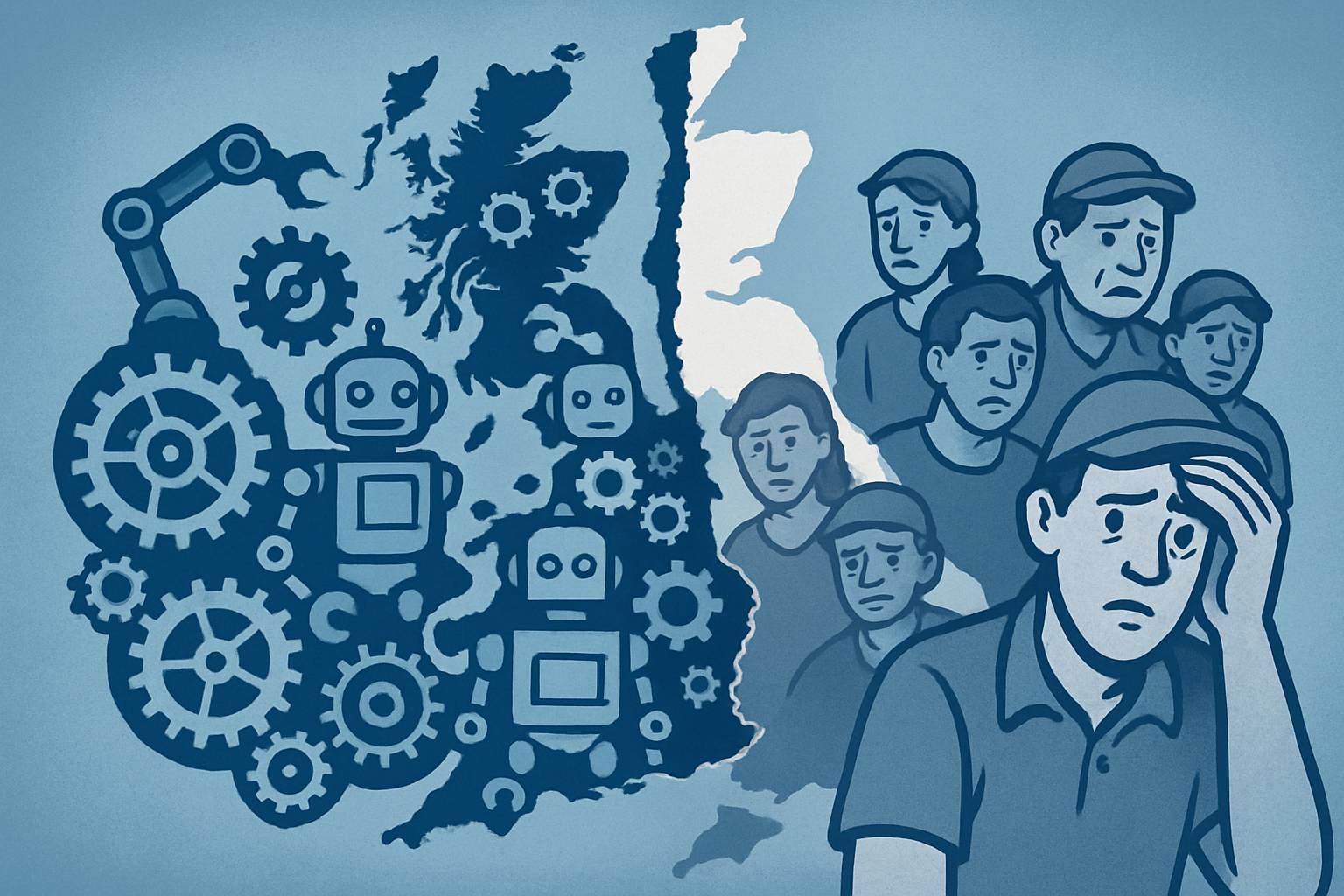 Job Displacement visualized by a divided UK map with automation on one side and affected workers on the other.