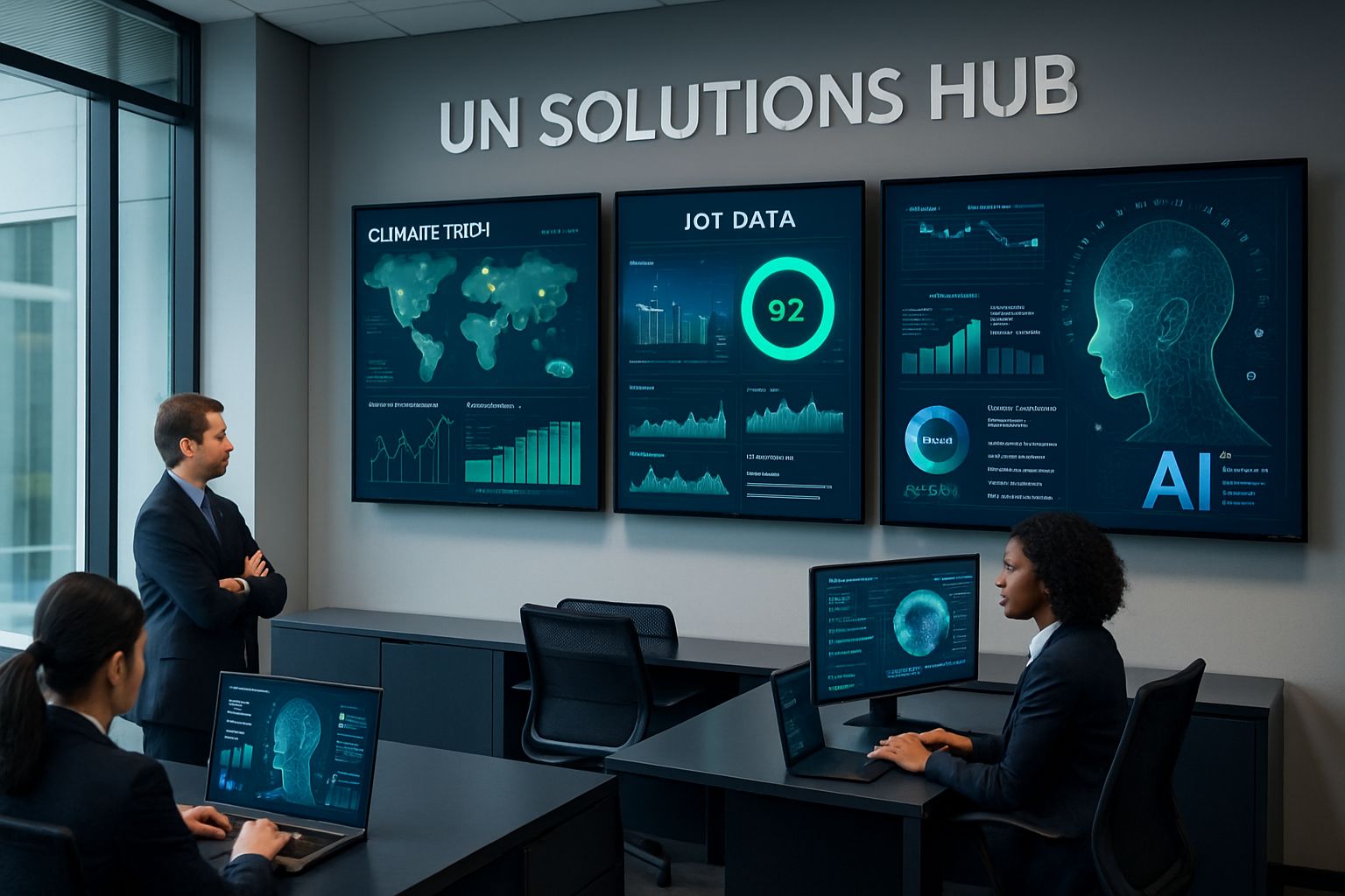 UN Solutions Hub leveraging Sustainability AI, IoT, and climate tech for efficient solutions.