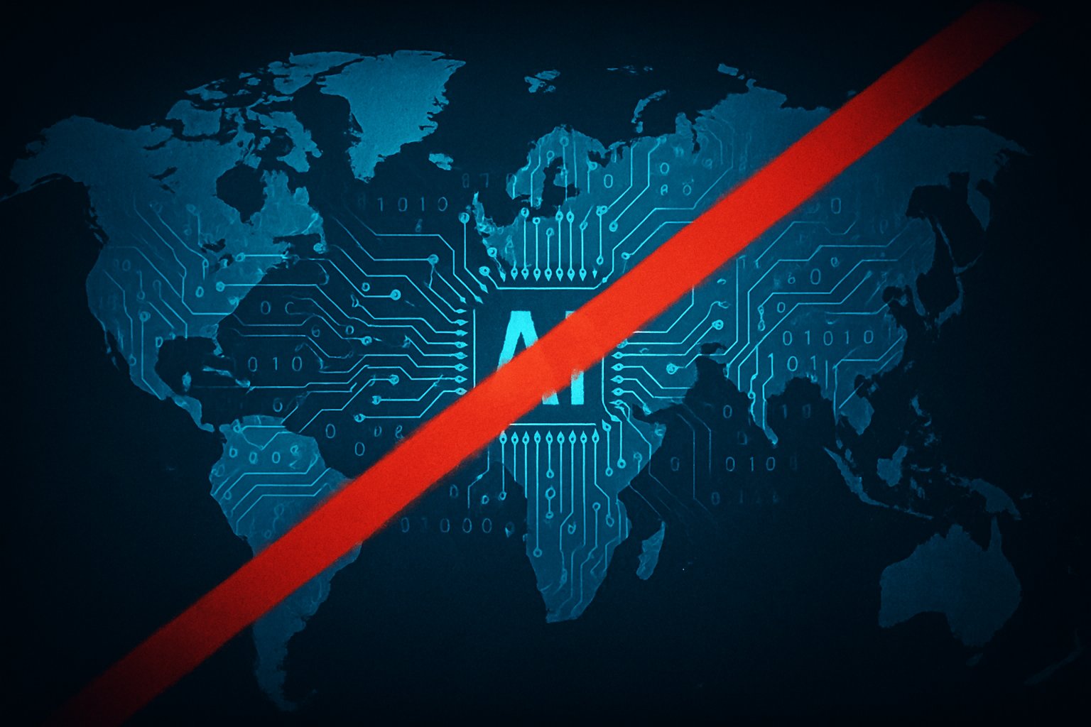 Red line across global map symbolizes UN 2026 binding agreement for AI regulation.