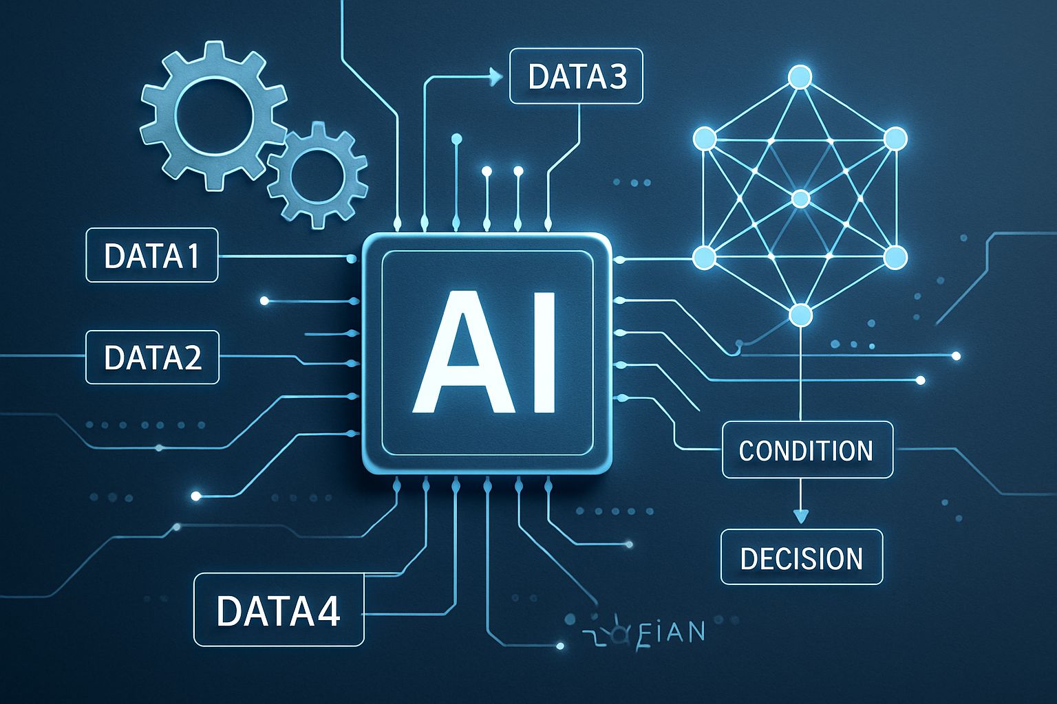 Visual representation of explainable AI showing neural networks, gears, and annotated transparent data points.