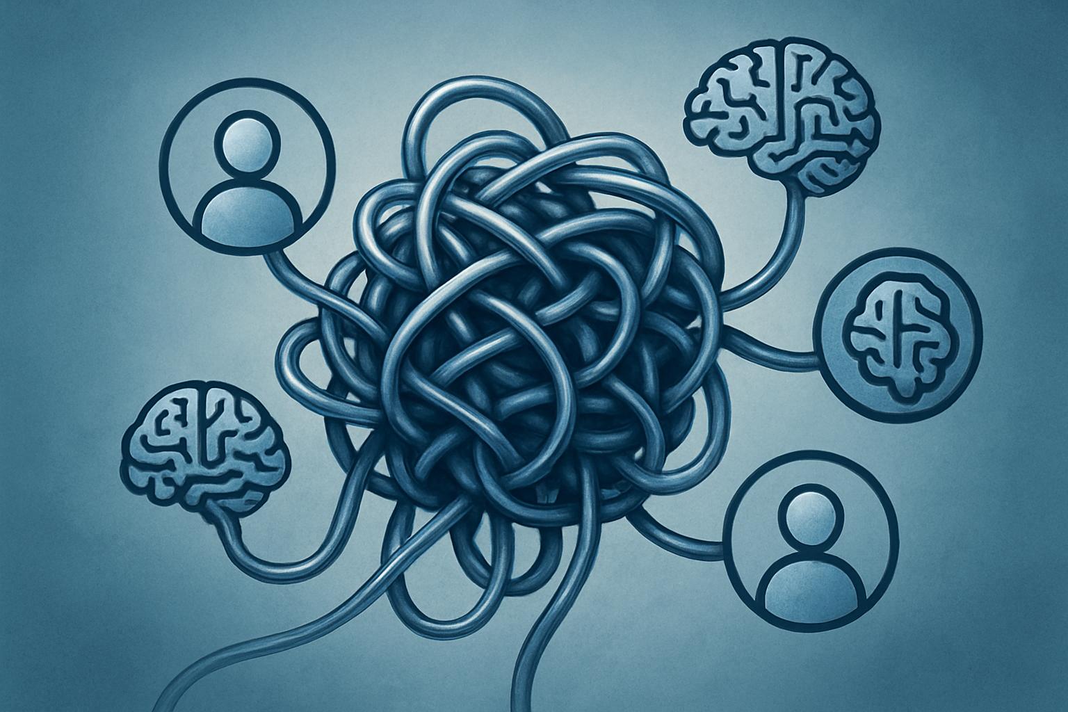 Tangled wires become people and AI icons, conveying AI job displacement narrative complexity.