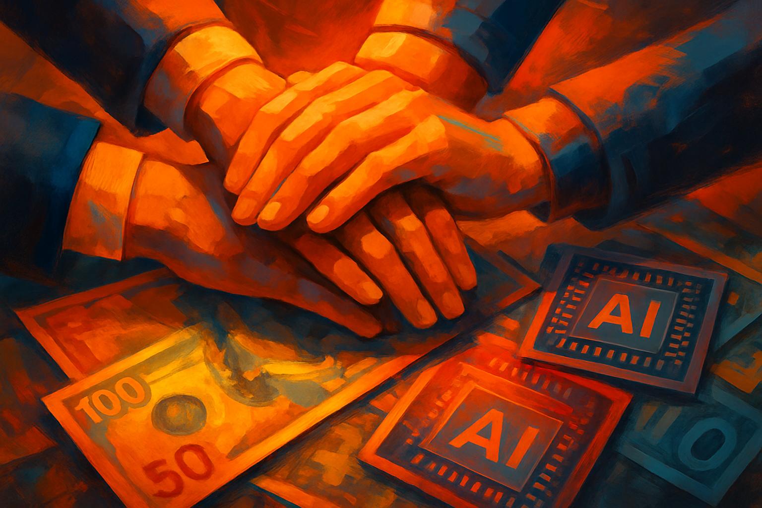 Interlocking hands over money symbolize investment concentration in AI megadeals.
