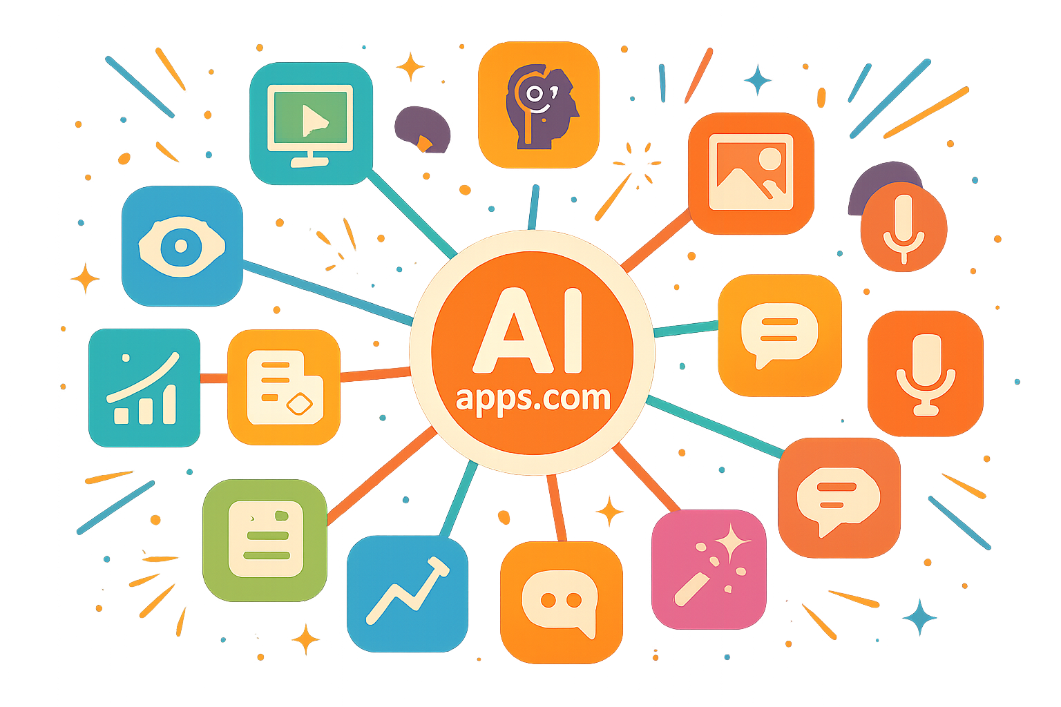 Network of AI apps platform icons representing verified AI tools on AIapps.com.