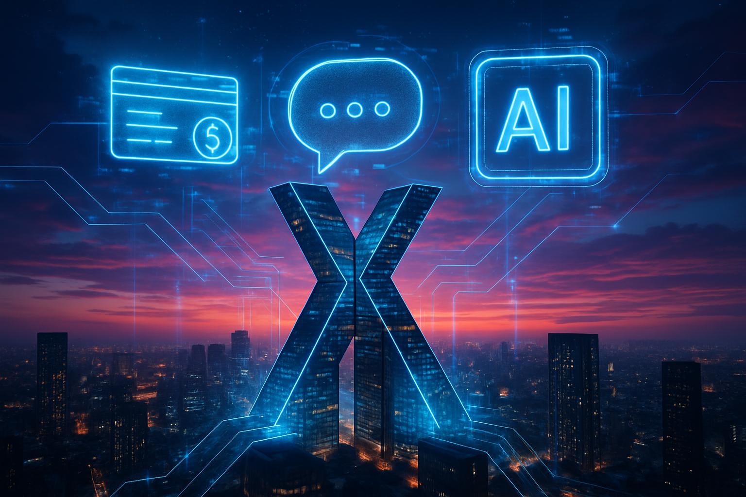 High-tech cityscape depicting platform transformation vision integrating digital payments and AI.