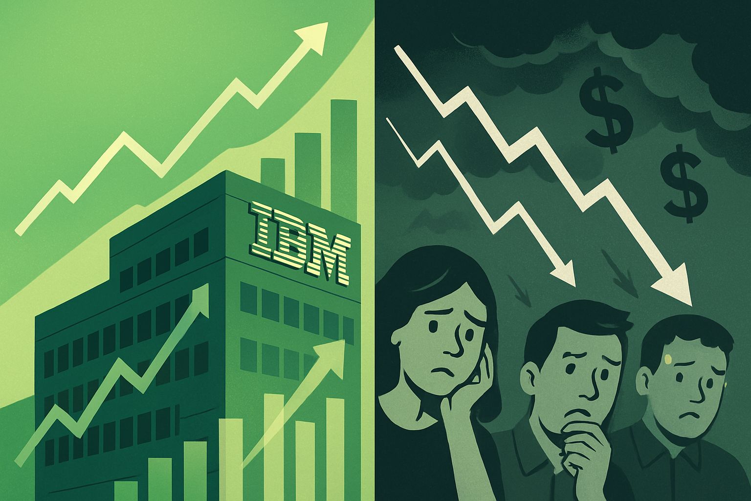 Split view highlights IBM earnings paradox with rising profits and falling shares.