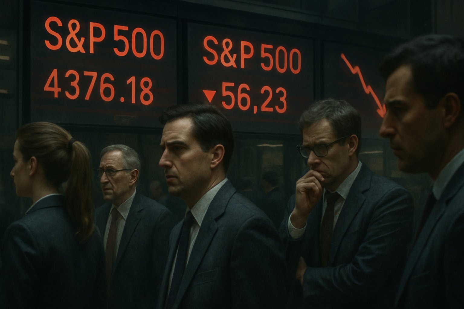 Business professionals analyze S&P 500 correction territory approach near Wall Street.