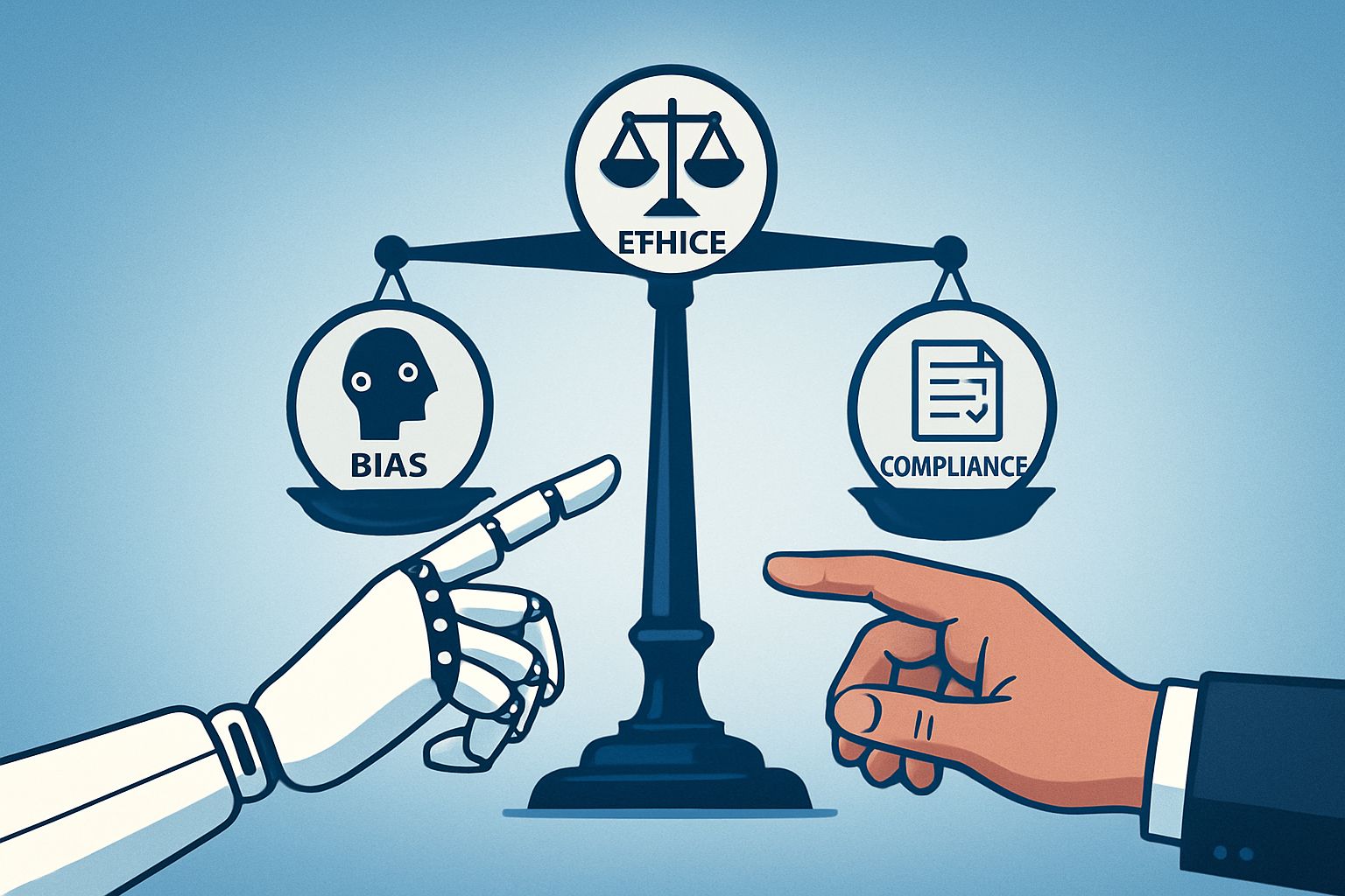 AI Auditing represented by robotic and human hands weighing bias and ethics.