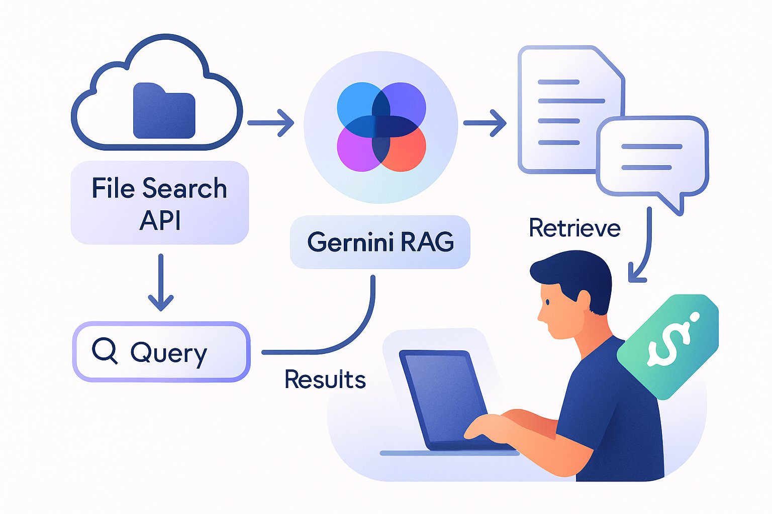 Abstract flowchart visualizing Gemini RAG capabilities within File Search API workflows.