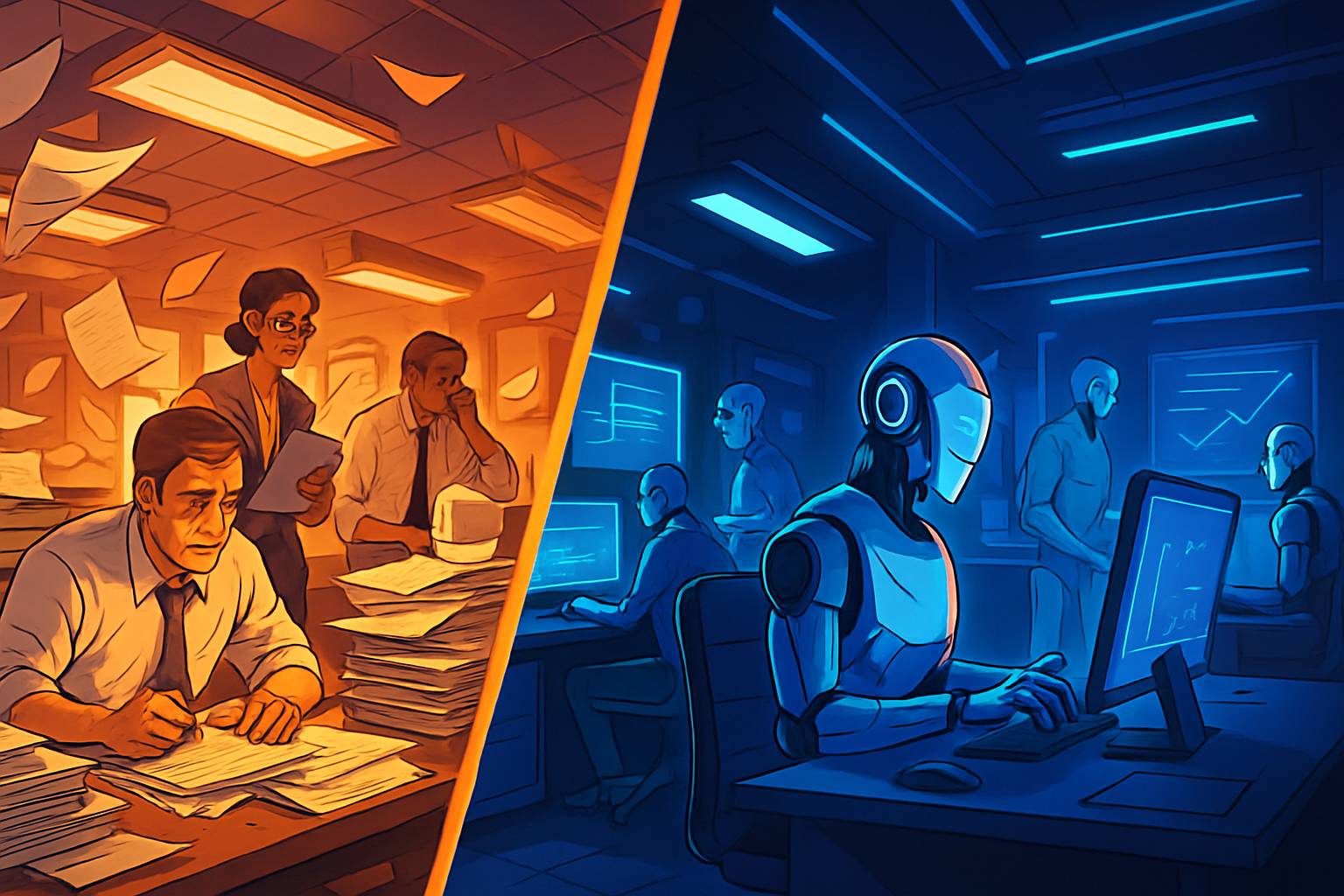 Before and after impact of agentic AI adoption in enterprise workspaces.