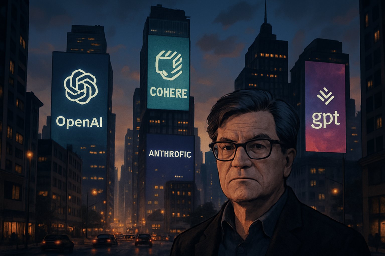 Yann LeCun stands before cityscape illuminated by AI startup billboards and Meta imagery.